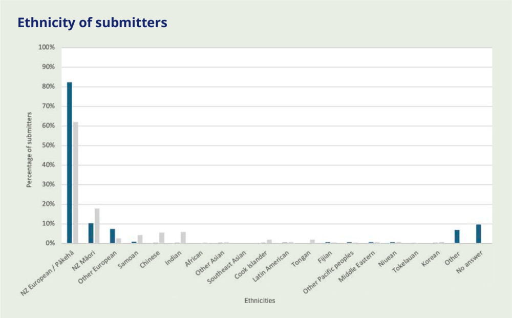 Bar graph showing ethnic distribution of submitters compared to NZ population from 2023 census, showing percentages for various ethnic groups including NZ European/Pākehā, Māori, Other European, Samoan, Chinese, Indian, African, Other Asian, South African, Cook Islands, Latin American, Korean, Fijian, Other Pacific Islanders, Middle Eastern, Russian, Tokelauan, Korean, Other, and No answer