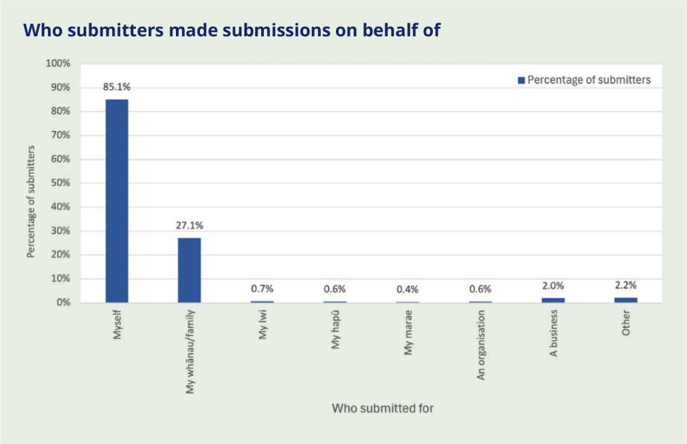 Bar graph showing who submitters represented, with 85.1% representing themselves, 27.1% representing their whānau/family, and smaller percentages for iwi, hapū, marae, organization, and business