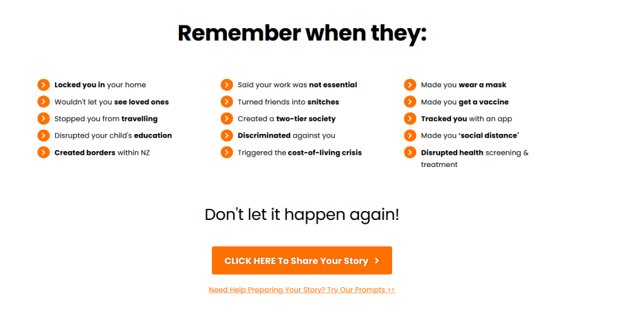Screenshot showing Remember when they: followed by a list of actions taken during the pandemic, with orange dot points, ending with Don't let it happen again! and a button saying CLICK HERE To Share Your Story
