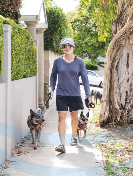 A man walks 2 dogs along the street.