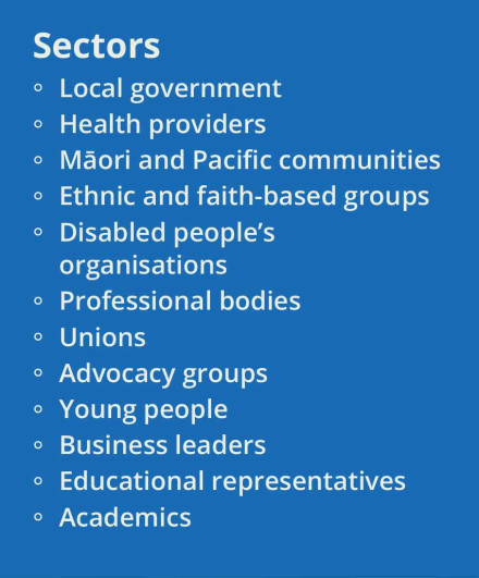 Sectors
° Local government
° Health providers
° Māori and Pacific communities
° Ethnic and faith-based groups
° Disabled people’s 
organisations
° Professional bodies
° Unions 
° Advocacy groups
° Young people
° Business leaders 
° Educational representatives
° Academics