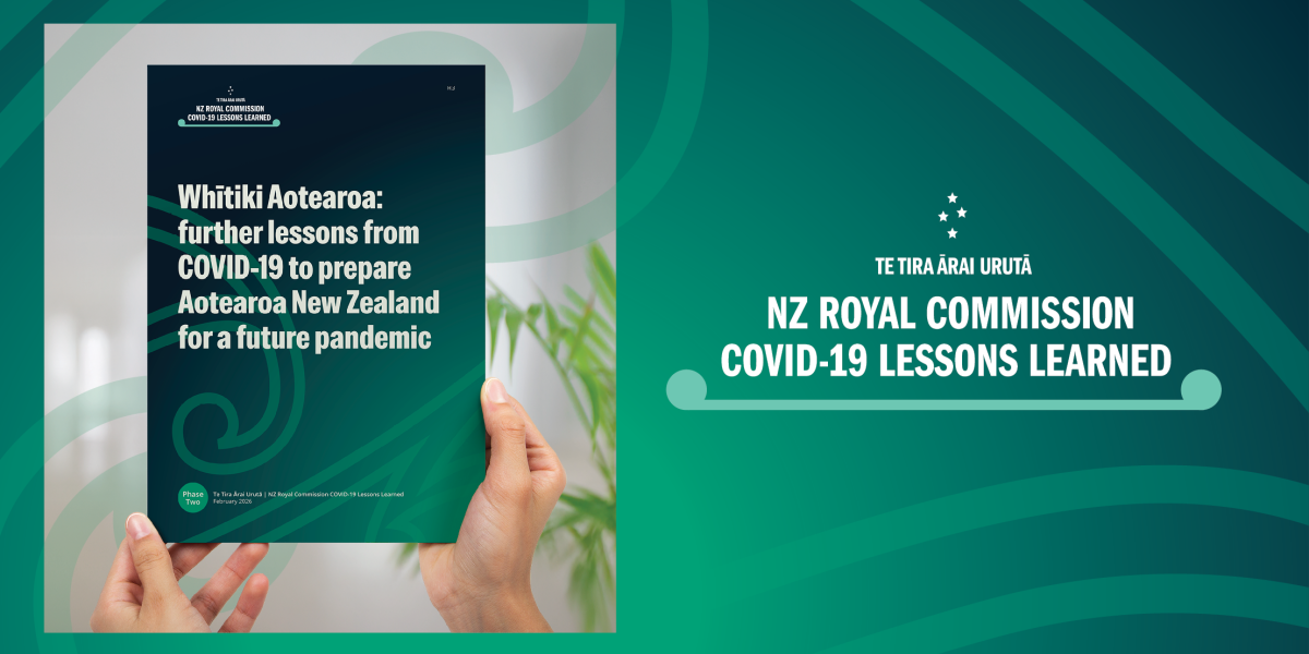 On the left side, there is the cover of the Phase Two report being held up by a person. On the right side, there is the Inquiry's logo. 