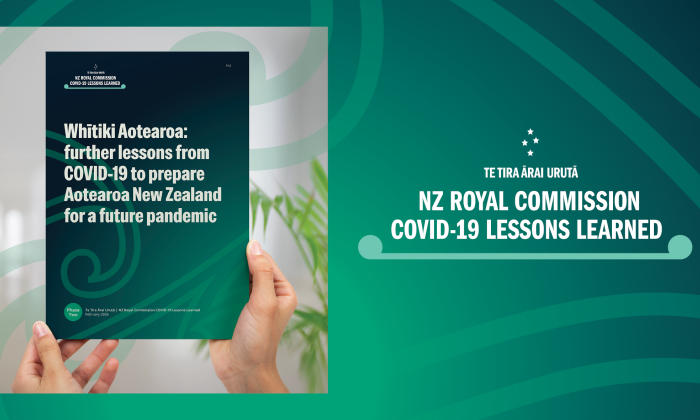 On the left side, there is the cover of the Phase Two report being held up by a person. On the right side, there is the Inquiry's logo. 